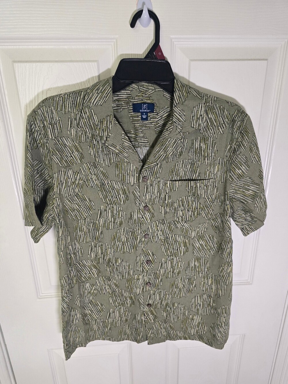 NWT George Mens Green Printed Button Up Collared Short Sleeve Linen Top Small